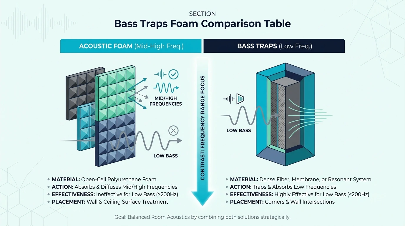Side-by-side comparison table of bass traps versus acoustic foam specifications for bass traps vs acoustic foam