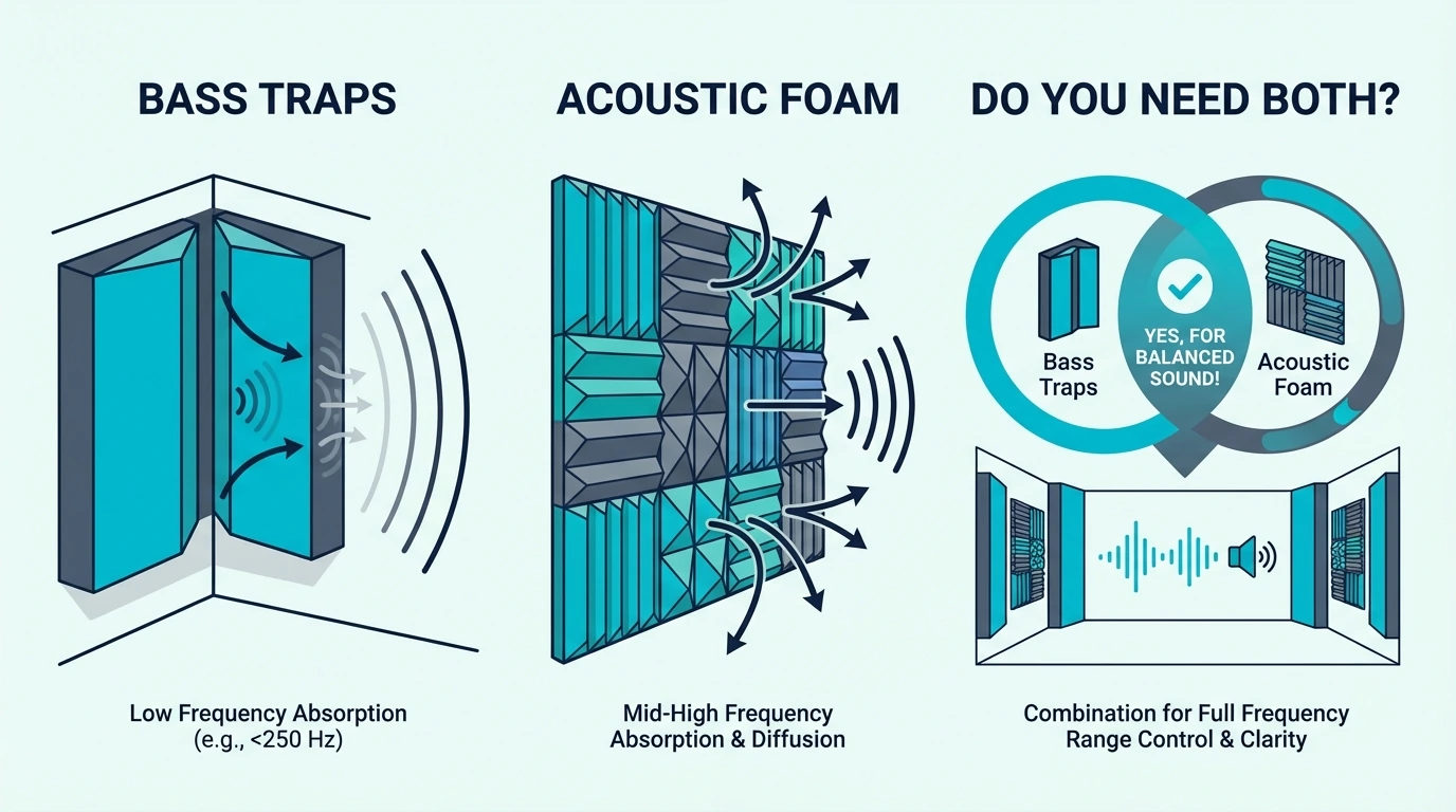 Diagram showing a room treated with both bass traps in corners and foam on walls for bass traps vs acoustic foam