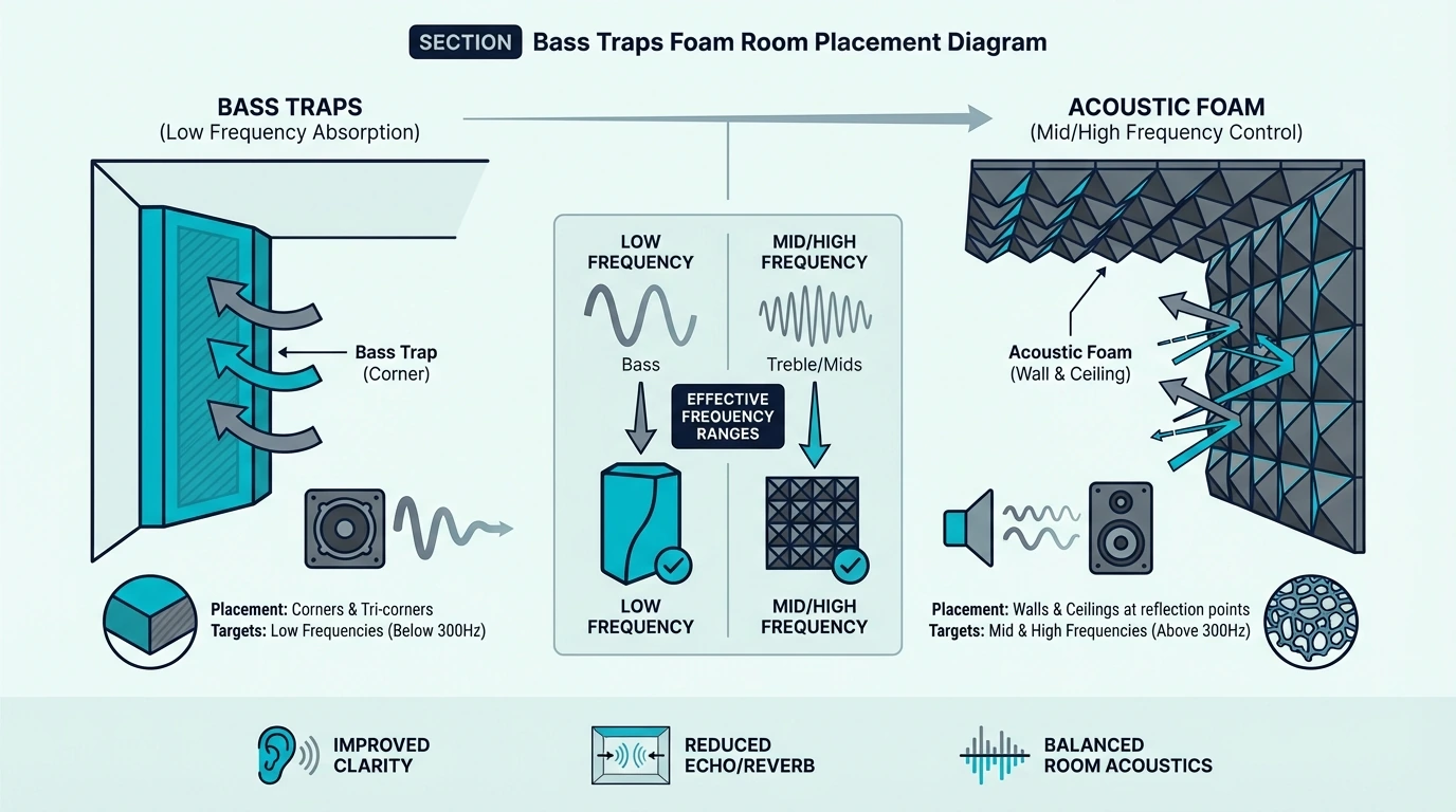 Room placement diagram for bass traps and acoustic foam