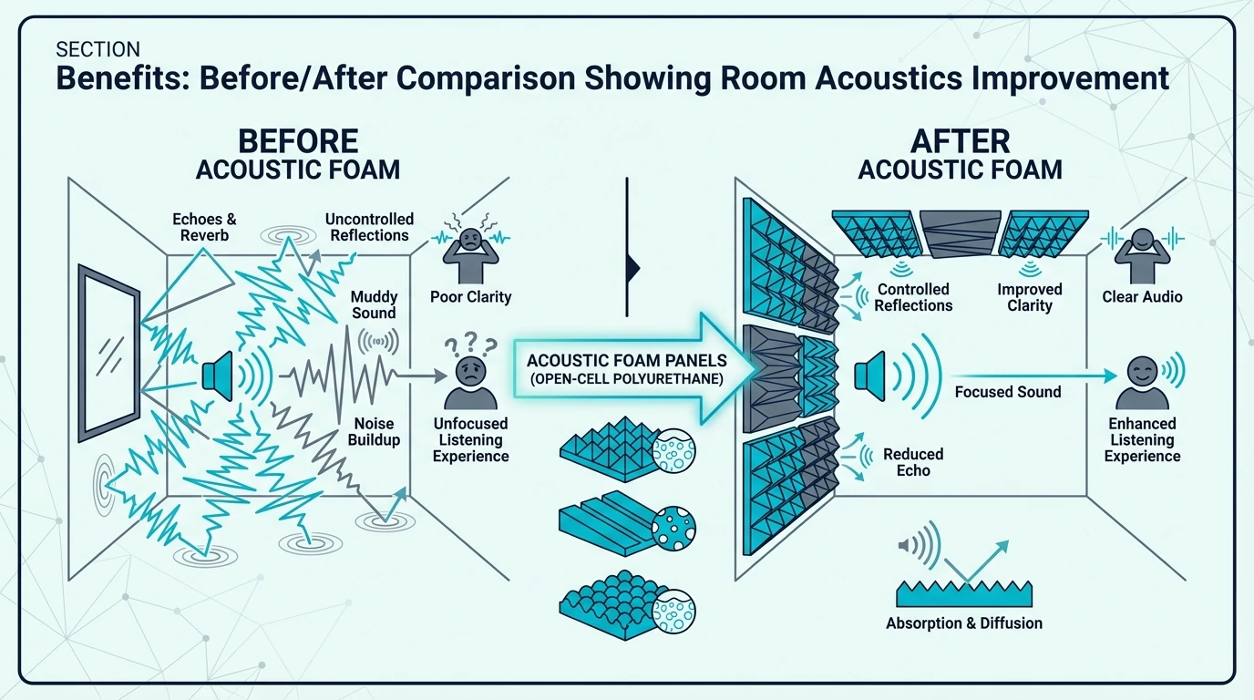Before-and-after comparison showing improved room acoustics