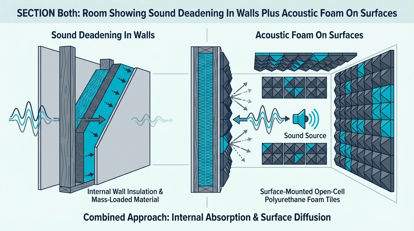 Room using sound deadening inside walls and acoustic foam on surfaces