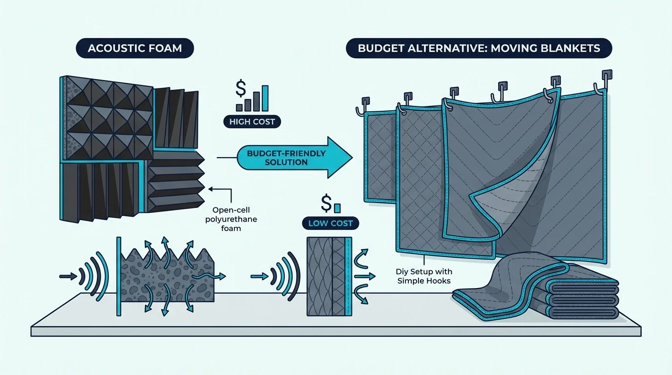 Budget alternatives moving blankets hung on a wall with simple hooks showing a budget friendly acoustic treatment setup