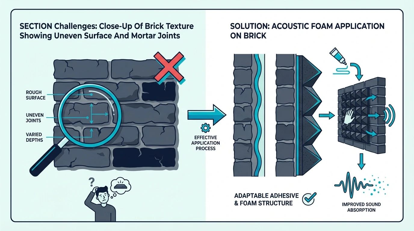 Close-up of uneven brick texture and mortar joints for foam mounting