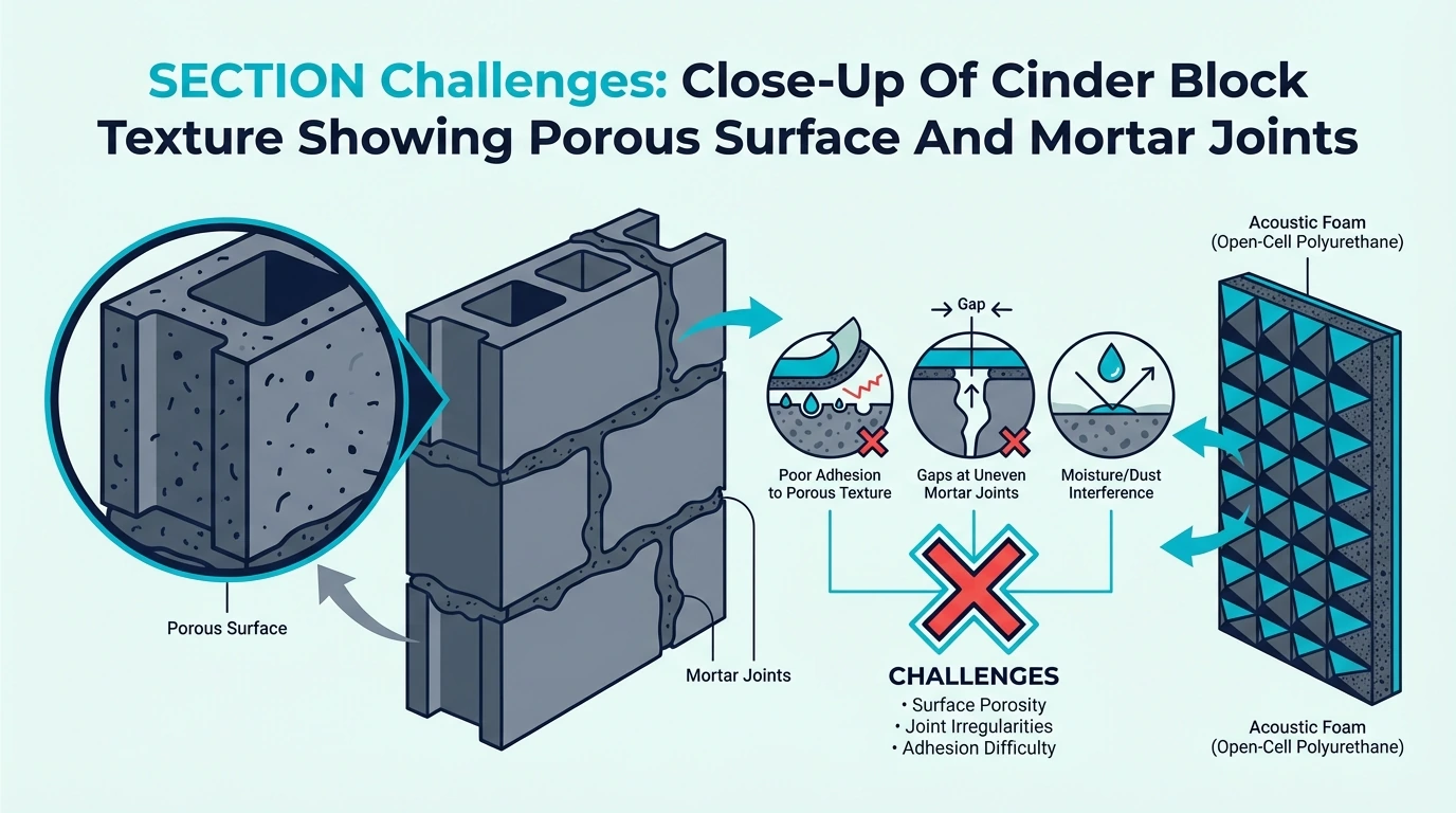 Challenges close up of cinder block texture showing porous surface and mortar joints