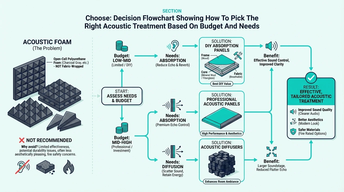 Choose decision flowchart showing how to pick the right acoustic treatment based on budget and needs