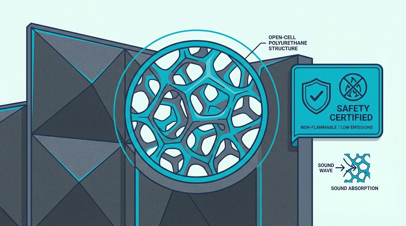 Cross section of open-cell acoustic foam with a safety certification label