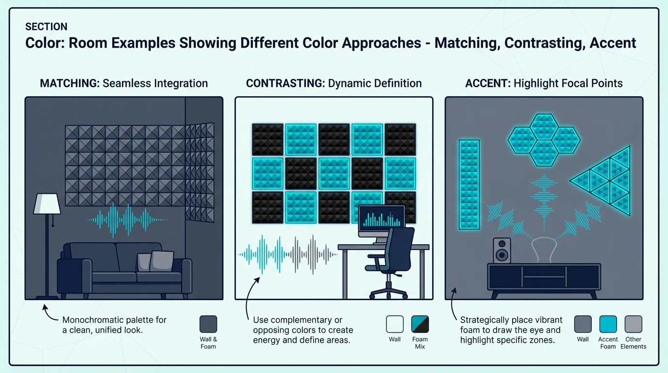 Room examples using matching, contrasting, and accent acoustic foam colors