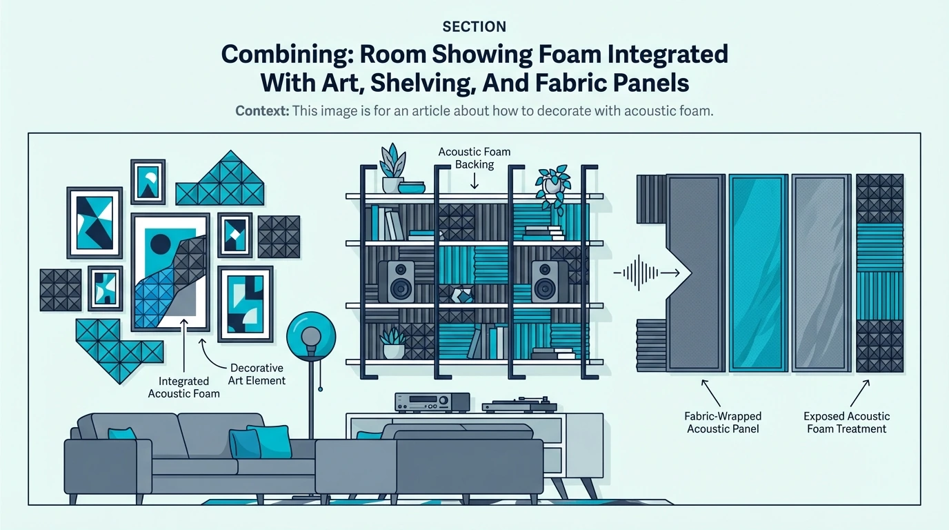 Room with acoustic foam integrated with art, shelving, and fabric panels