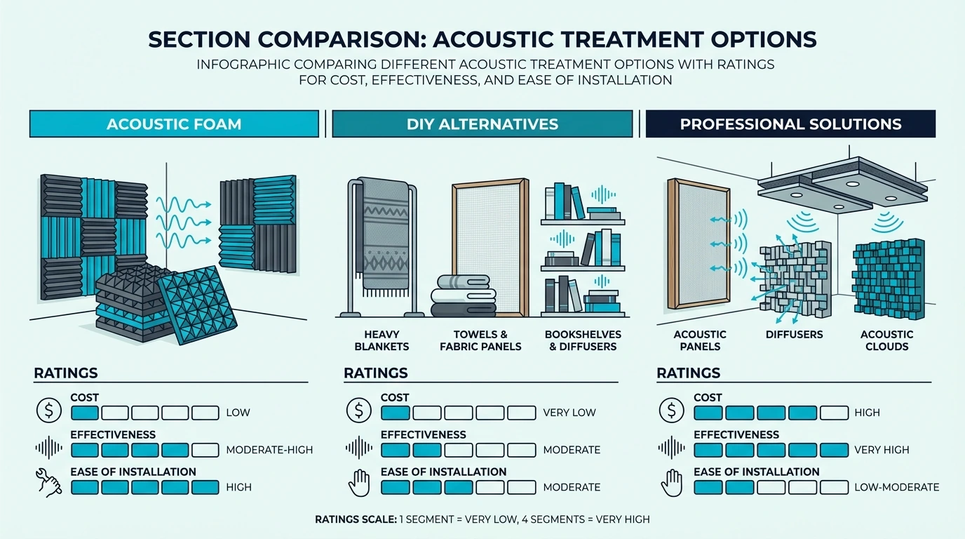 Comparison infographic comparing different acoustic treatment options with ratings for cost effectiveness and ease of…