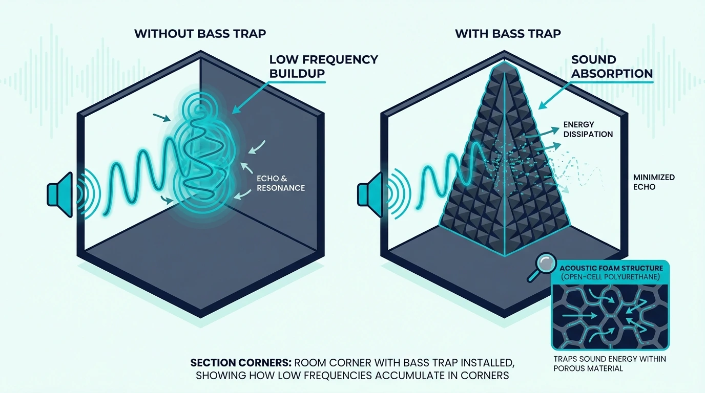Bass trap installed in a room corner where low frequencies build up