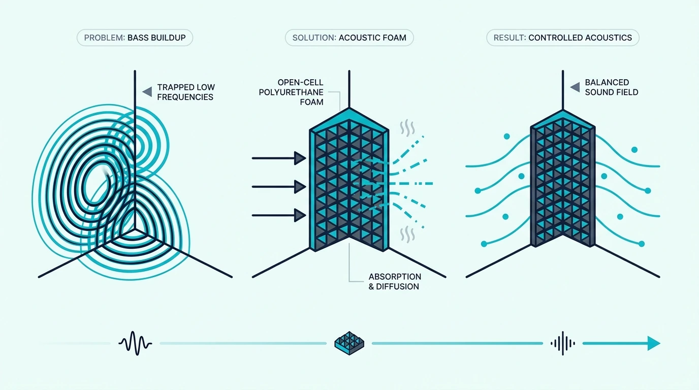 Diagram showing bass buildup in room corners