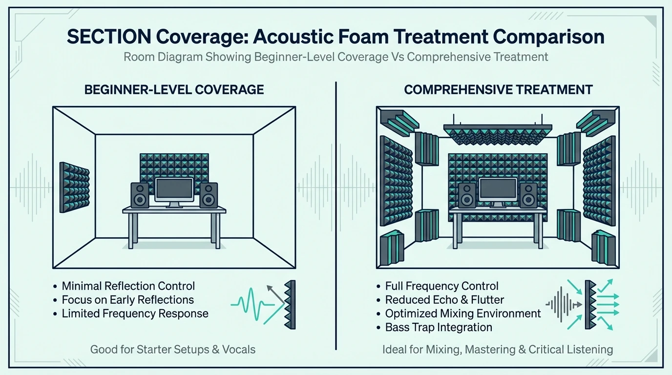 Room diagram comparing beginner foam coverage with full treatment