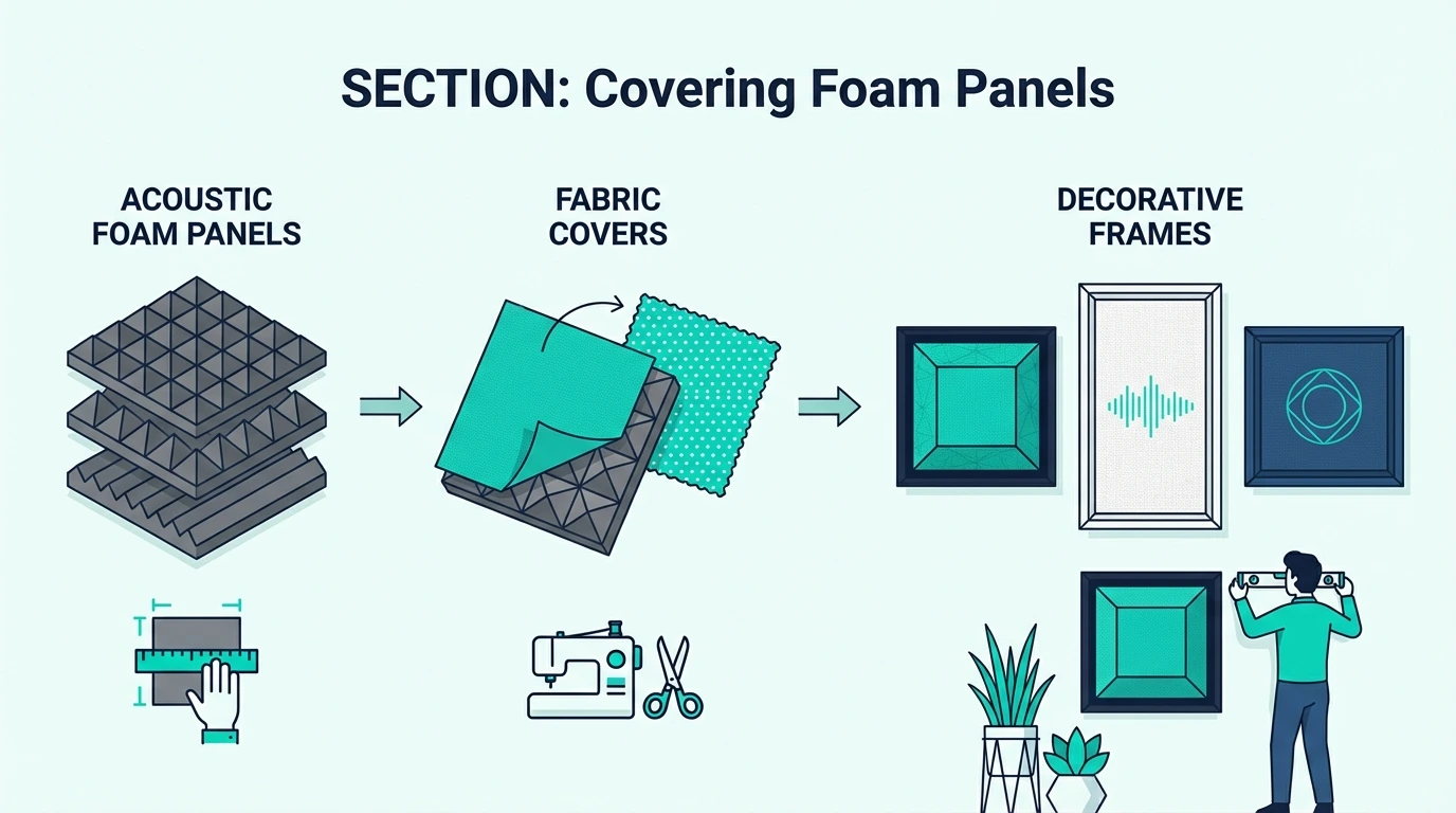 Acoustic foam panels covered with fabric and decorative frames