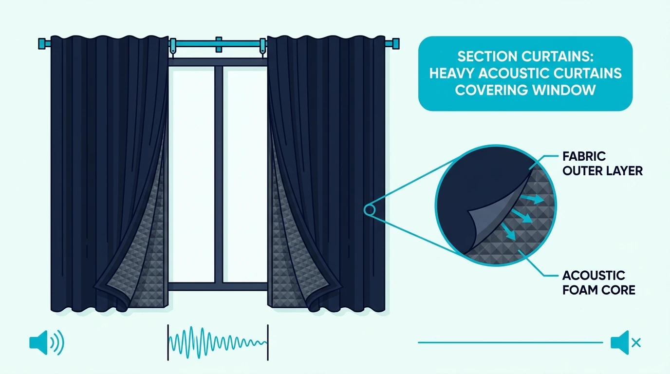 Heavy acoustic curtains covering a window