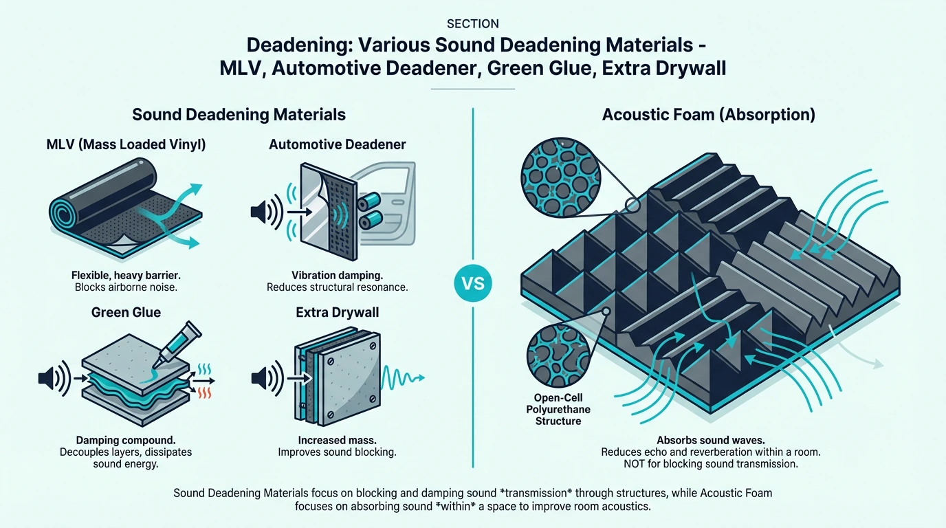Sound deadening materials including MLV, automotive deadener, Green Glue, and drywall
