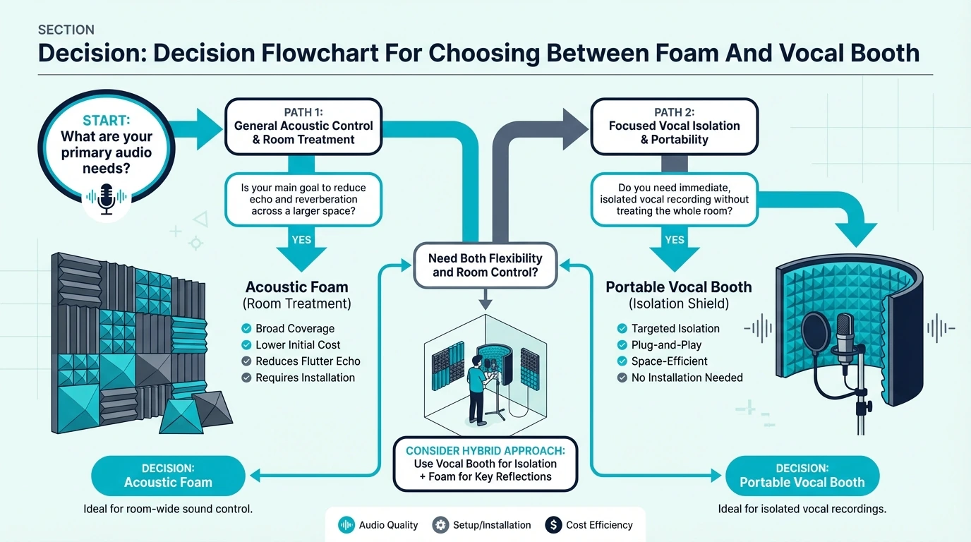 Decision flowchart for choosing between acoustic foam and a vocal booth
