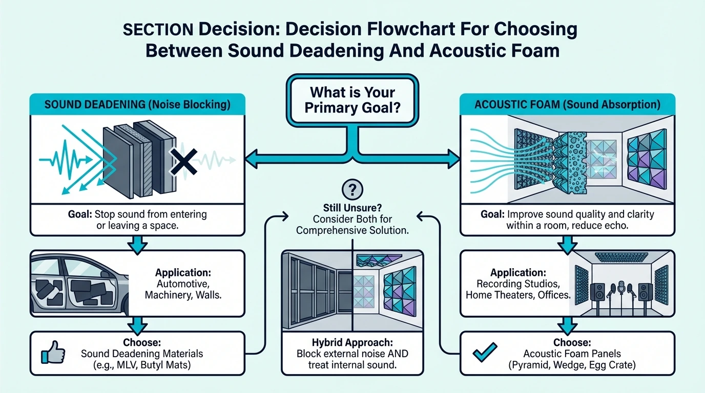 Decision flowchart for choosing between sound deadening and acoustic foam