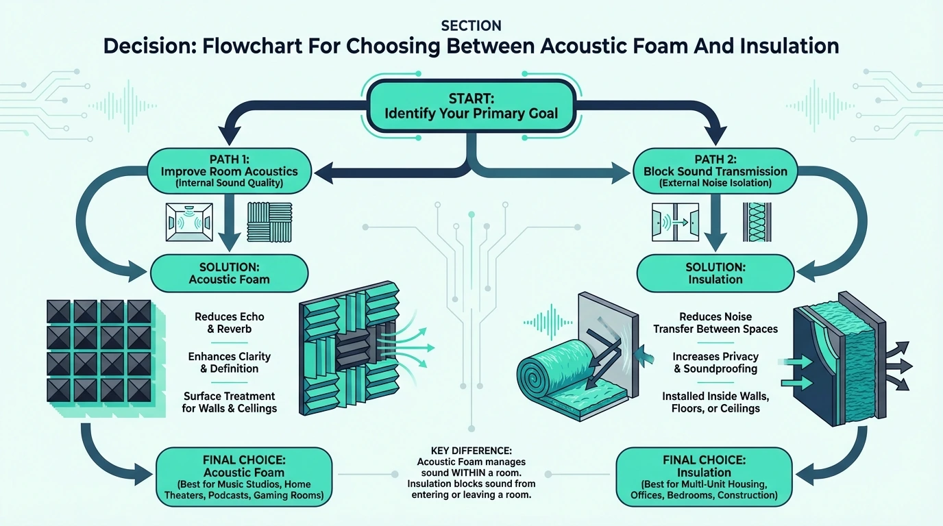 Decision flowchart for choosing between acoustic foam and insulation