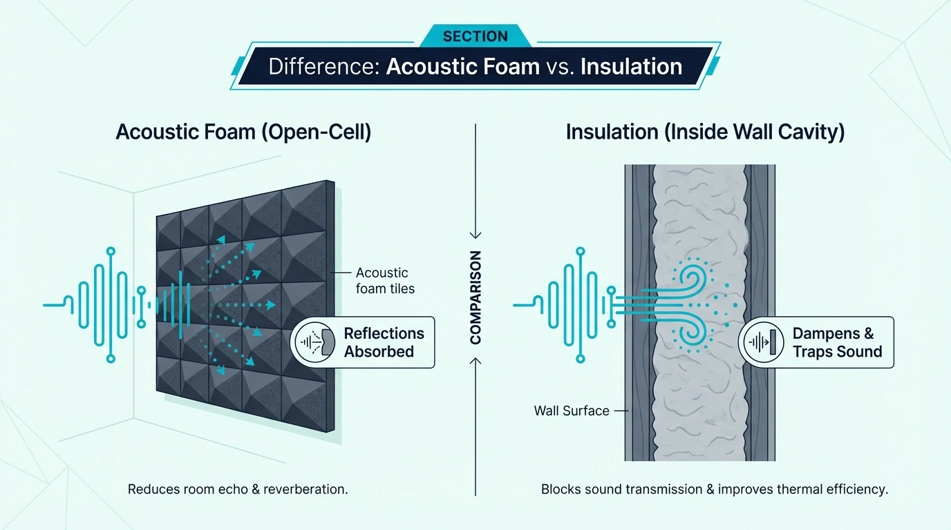 Difference diagram showing acoustic foam absorbing reflections vs insulation inside wall cavity