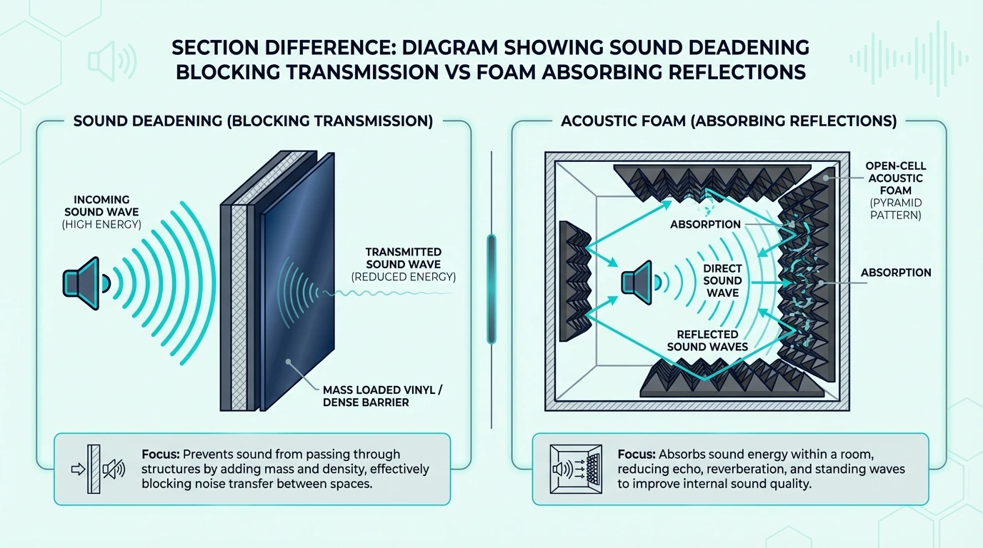 Diagram comparing sound deadening that blocks noise with foam that absorbs reflections
