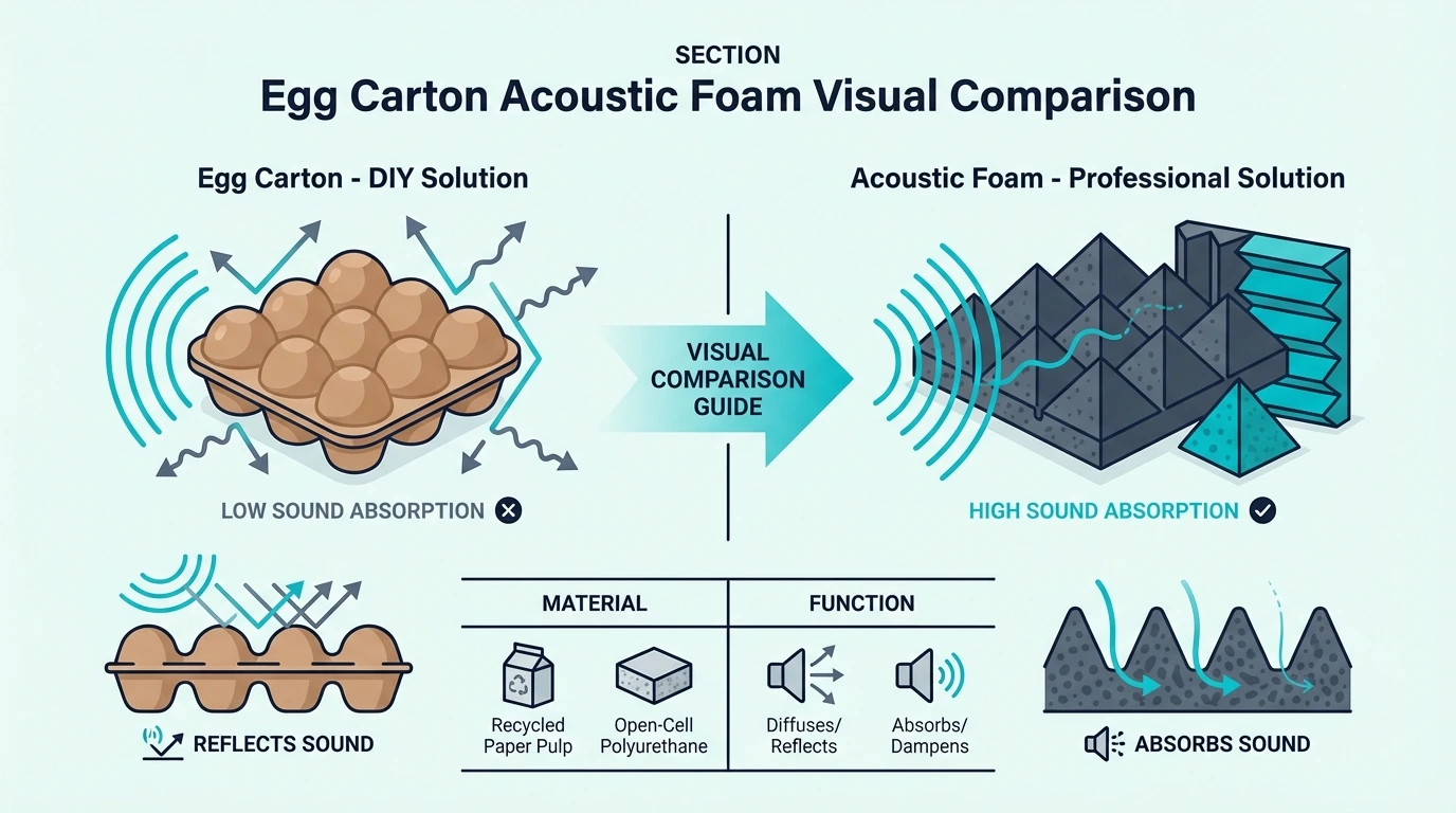 Visual comparison of egg cartons and acoustic foam panels