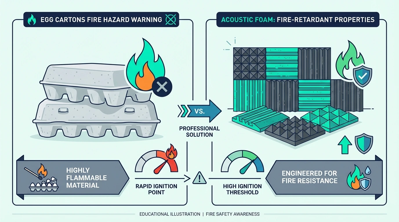 Fire hazard warning for using egg cartons as acoustic treatment
