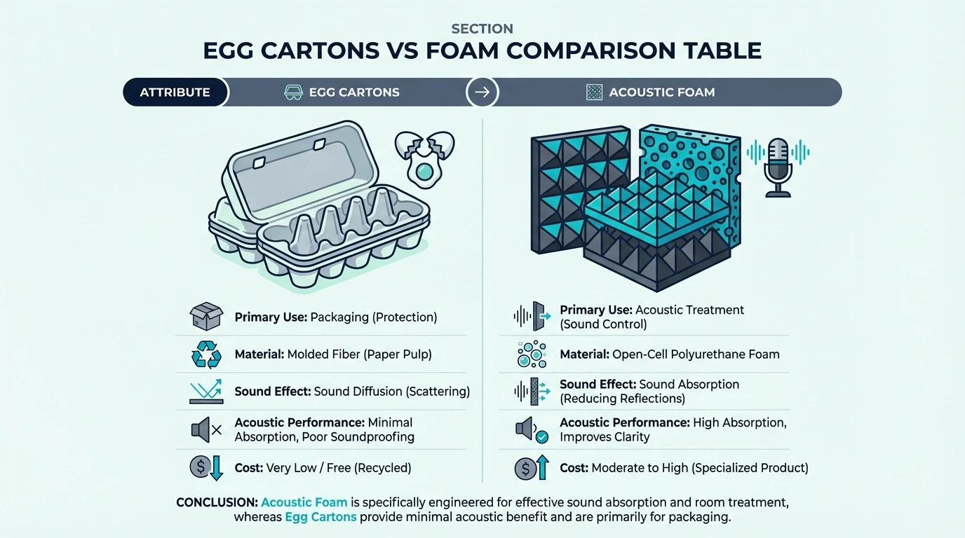 Comparison table for egg cartons versus acoustic foam