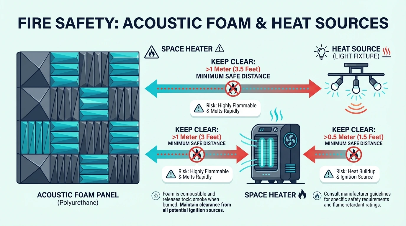 Fire safety infographic showing safe distances from heaters and lights