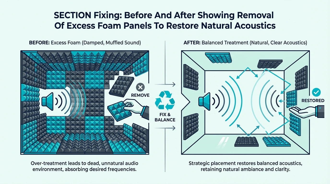 Before-and-after view of removing excess foam to restore natural acoustics
