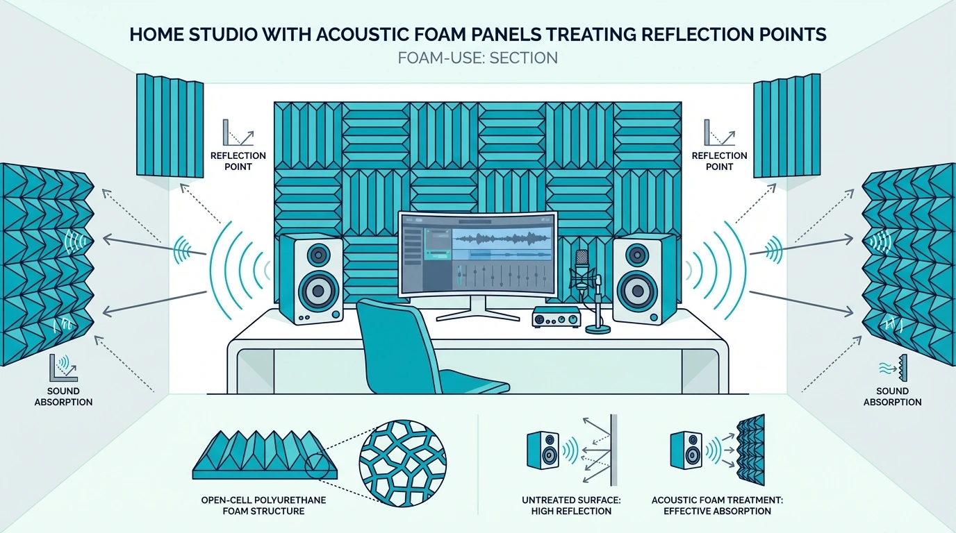 Foam use home studio with acoustic foam panels treating reflection points