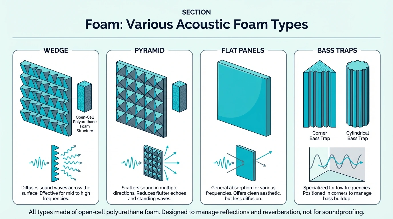 Acoustic foam types including wedge foam, pyramid foam, flat panels, and bass traps