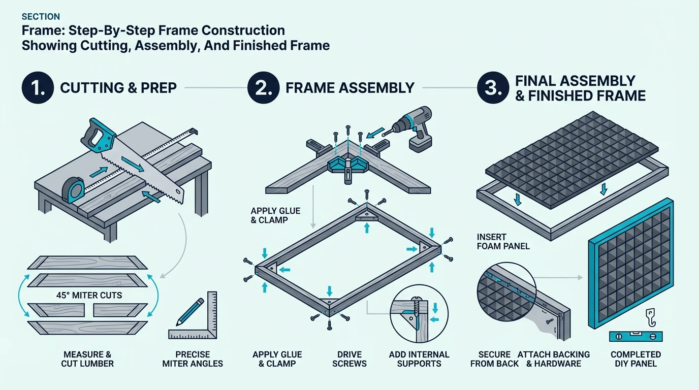 Step-by-step wooden frame construction for a DIY acoustic panel