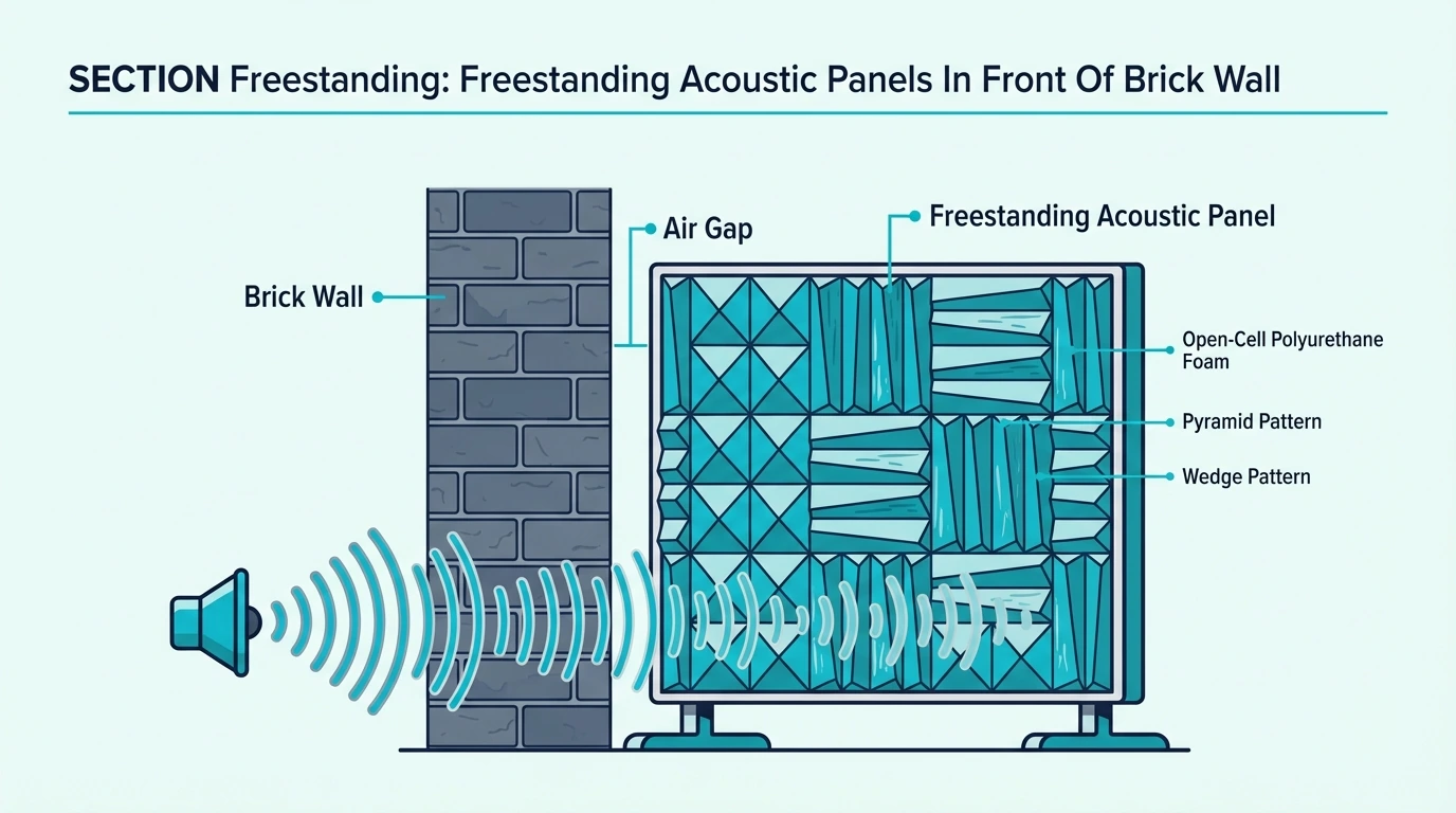 Freestanding acoustic panels placed in front of a brick wall