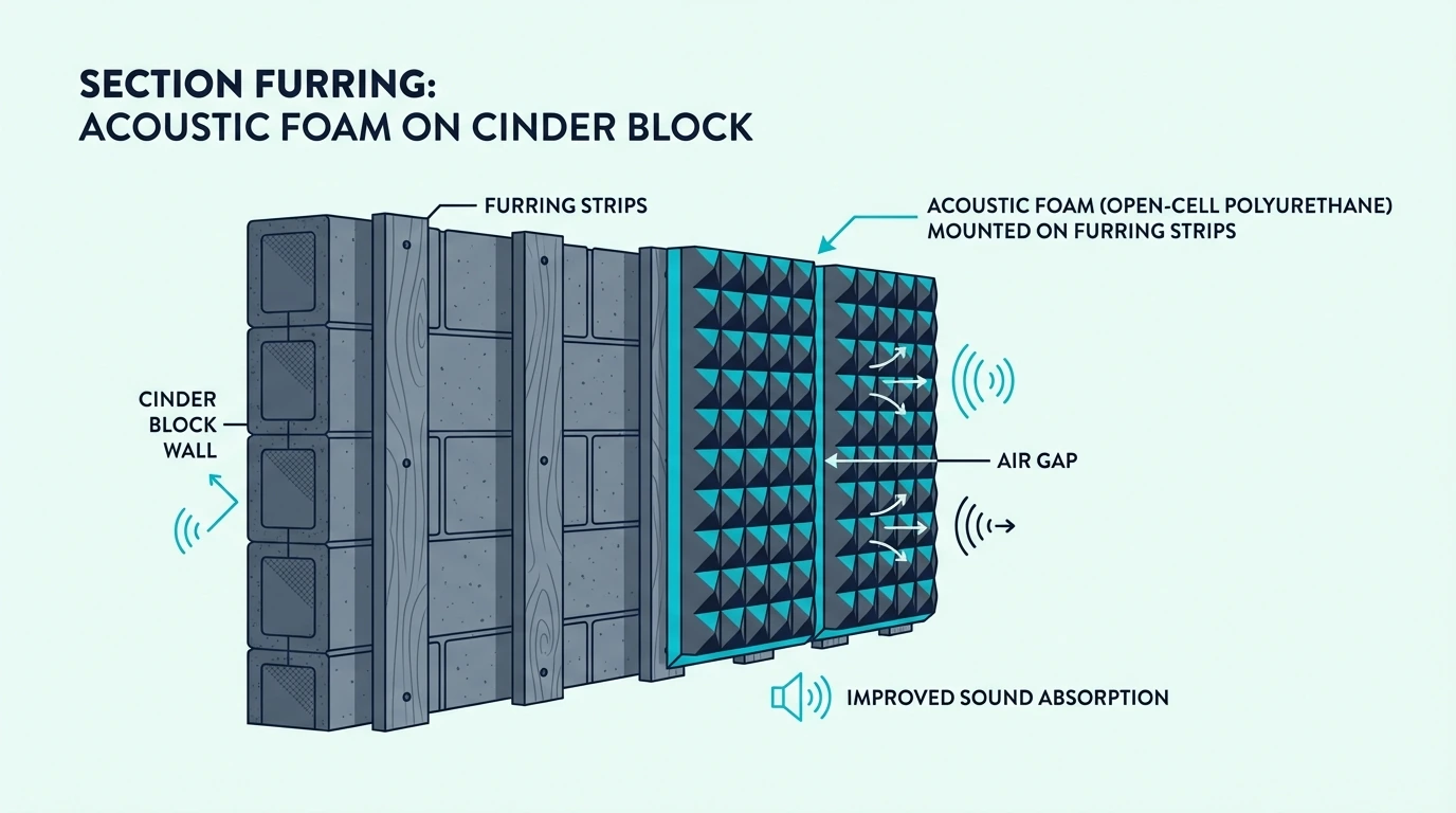 Furring strips mounted to cinder block with foam attached to strips