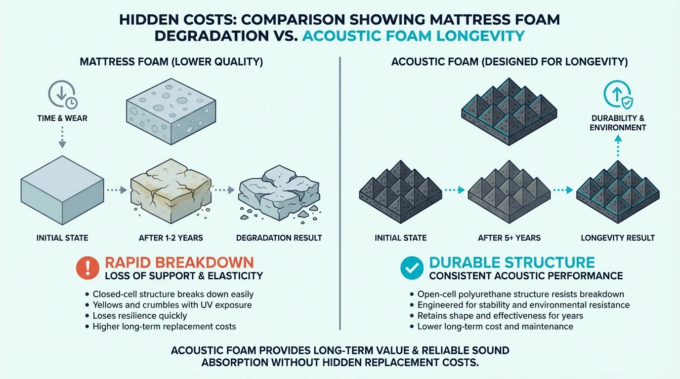Hidden costs comparison showing mattress foam degradation vs acoustic foam longevity
