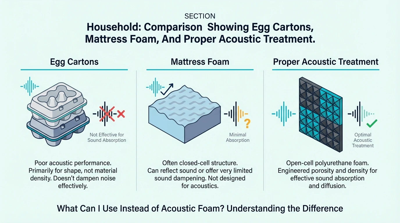 Household comparison showing egg cartons mattress foam and proper acoustic treatment side by side