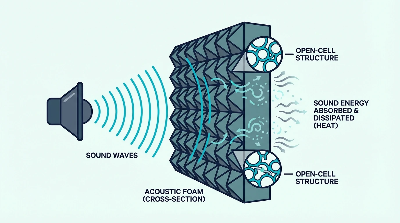 Diagram showing sound waves entering acoustic foam and being absorbed