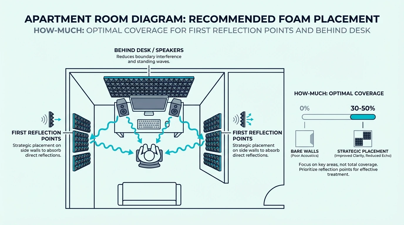 Apartment room diagram with foam at first reflection points and behind a desk
