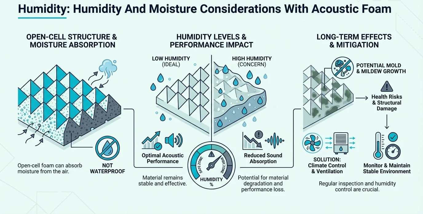 Humidity and moisture considerations for acoustic foam