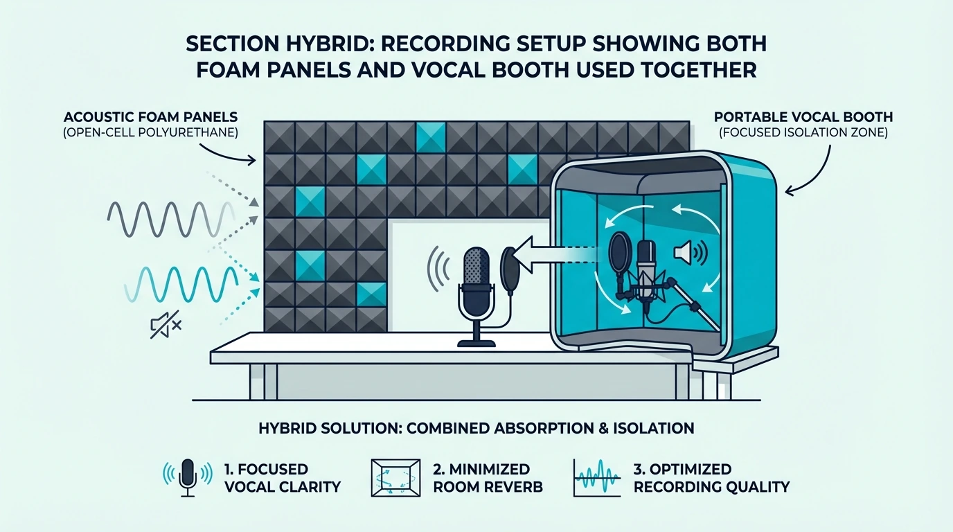Hybrid recording setup using foam panels and a vocal booth together