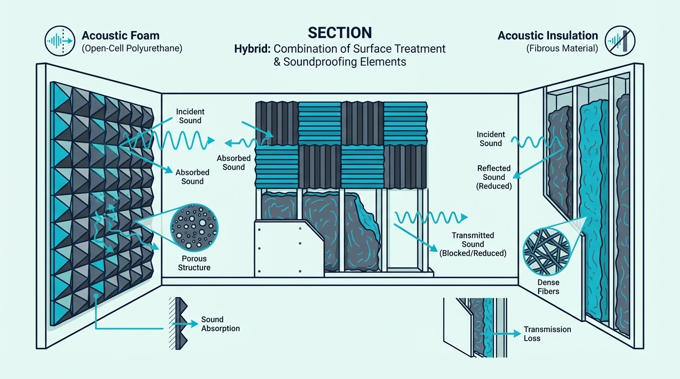 Hybrid room showing combination of surface treatment and soundproofing elements