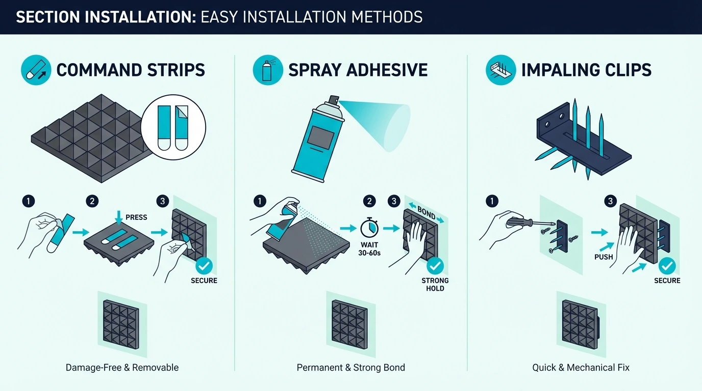 Easy acoustic foam installation methods including strips, adhesive, and clips