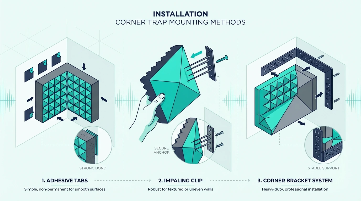 Corner bass trap mounting methods for acoustic foam