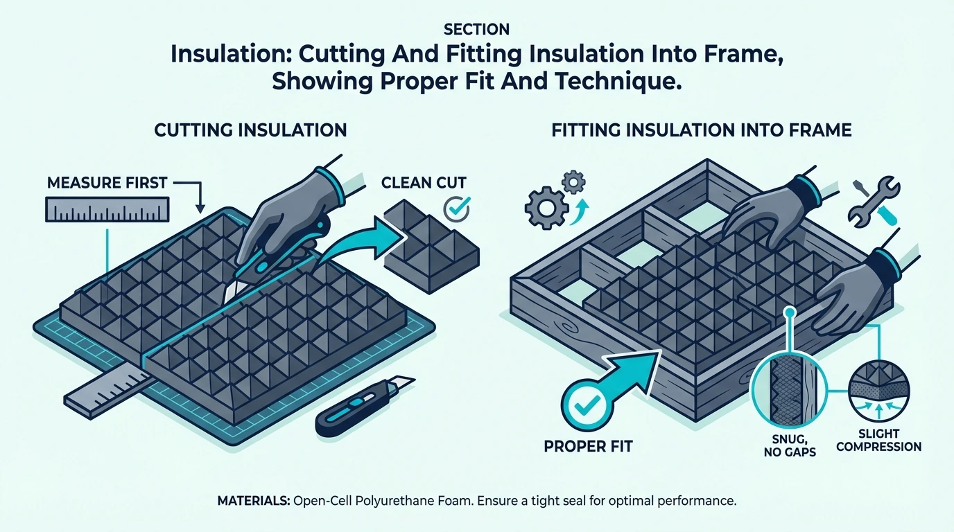 Insulation being cut and fitted inside an acoustic panel frame