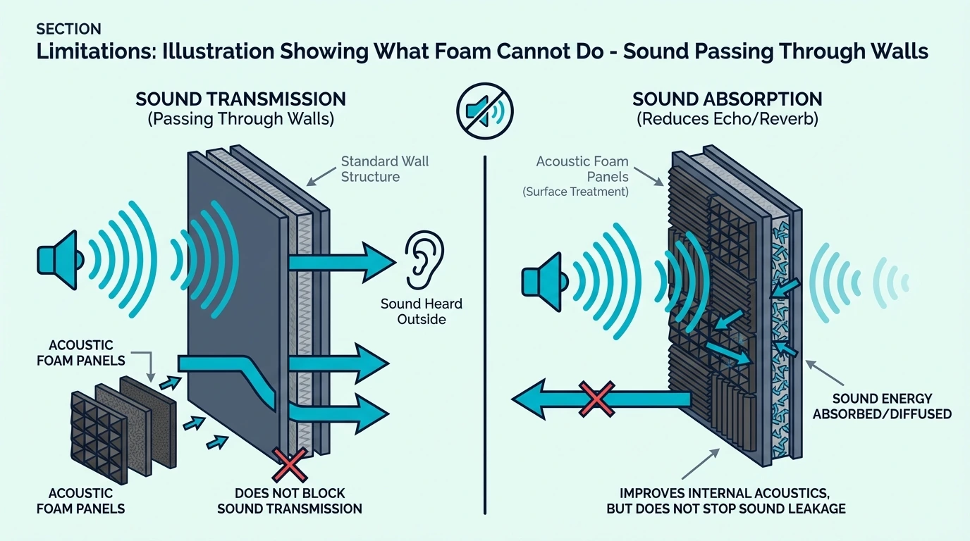 Illustration showing sound passing through walls despite acoustic foam