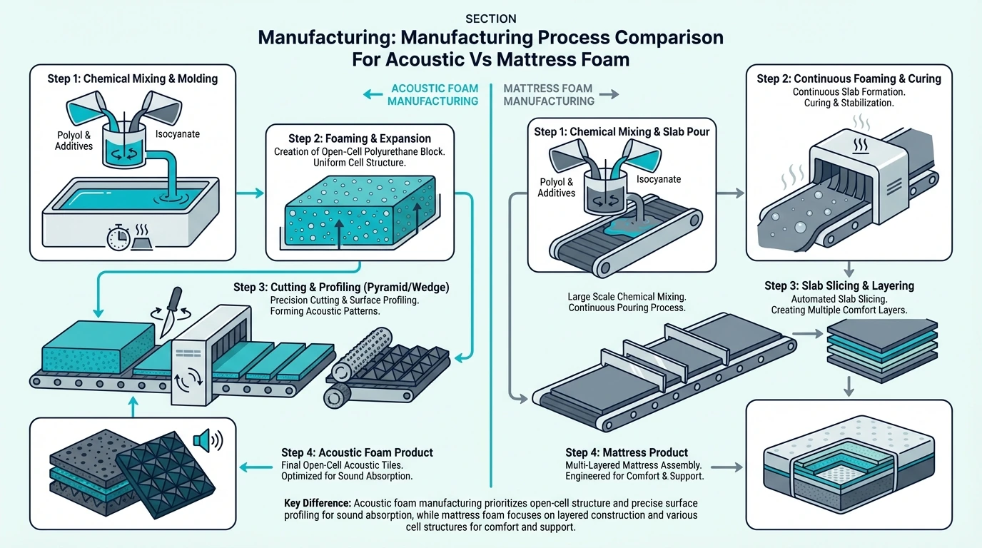 Manufacturing process comparison for acoustic vs mattress foam
