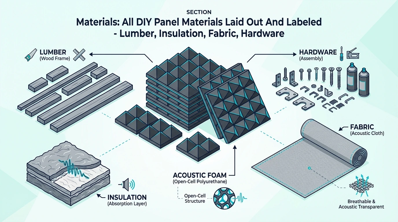 DIY acoustic panel materials including lumber, insulation, fabric, and hardware