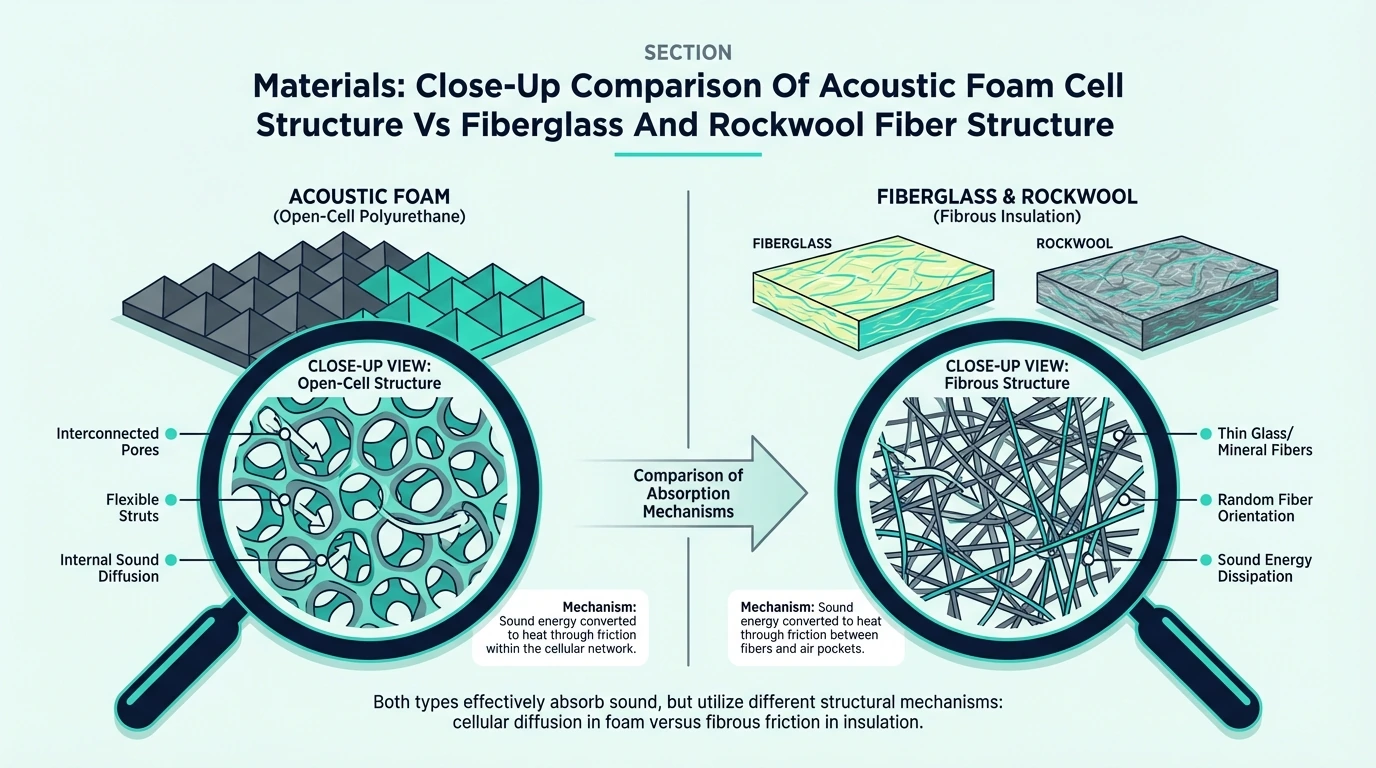 Materials close up comparison of acoustic foam cell structure vs fiberglass and rockwool fiber structure