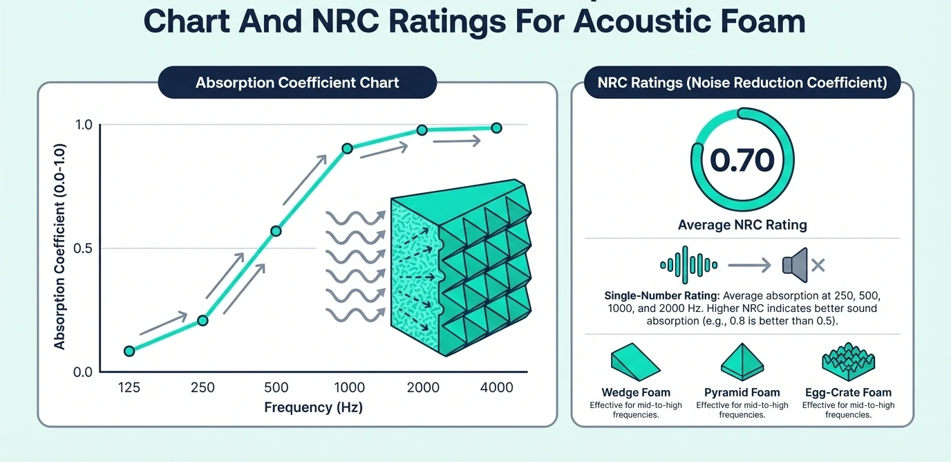 Measurements absorption coefficient chart and nrc ratings for acoustic foam