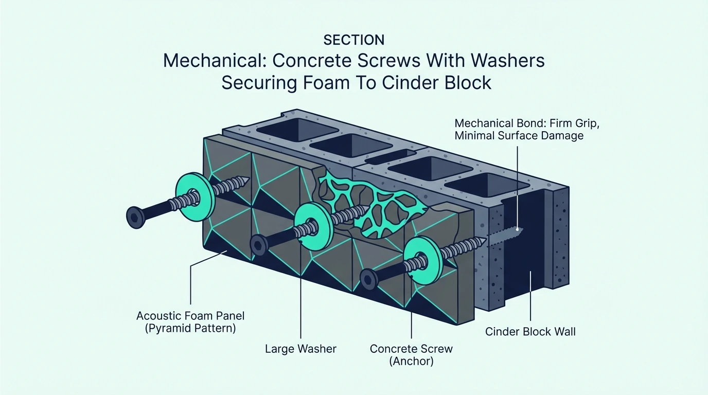 Mechanical concrete screws with washers securing foam to cinder block